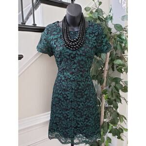 Tahari Sheath Dress Women Size 4 Green Black Lace Illusion Short Sleeve Cocktail